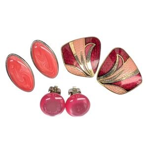 Lot of 3 Pairs Vintage Clip On Earrings Red Pink Enamel Oval Round Geometric